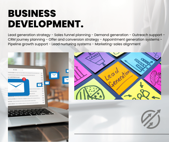 A computer with email icons and colorful sticky notes labeled "Lead Generation" represent business development strategies and digital marketing processes.