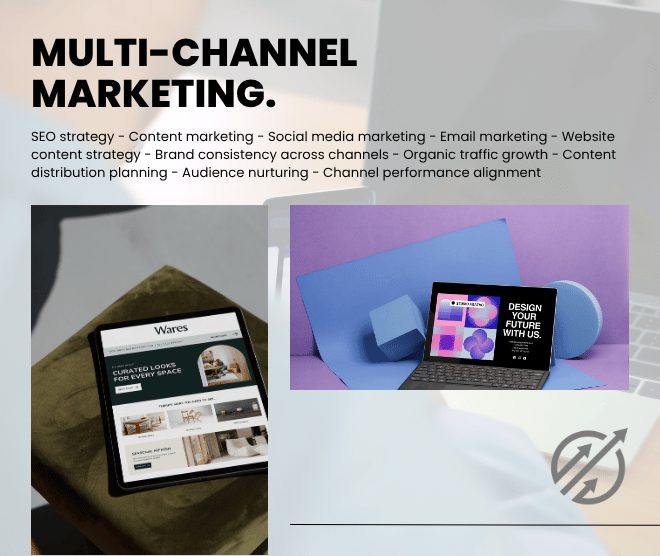 Two tablets are displayed: one shows a curated shop website, the other displays a creative design message. Text highlights multi-channel marketing services and strategies.