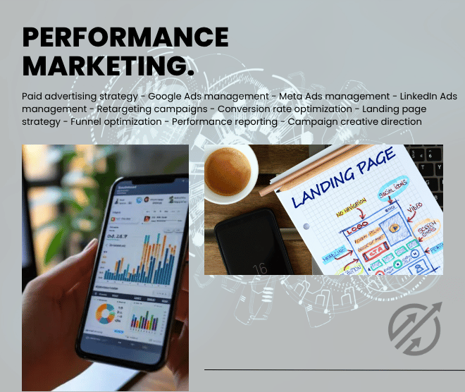 A person holds a smartphone showing analytics graphs next to a workspace with a landing page sketch, notebook, pen, and coffee cup. Text lists performance marketing services.